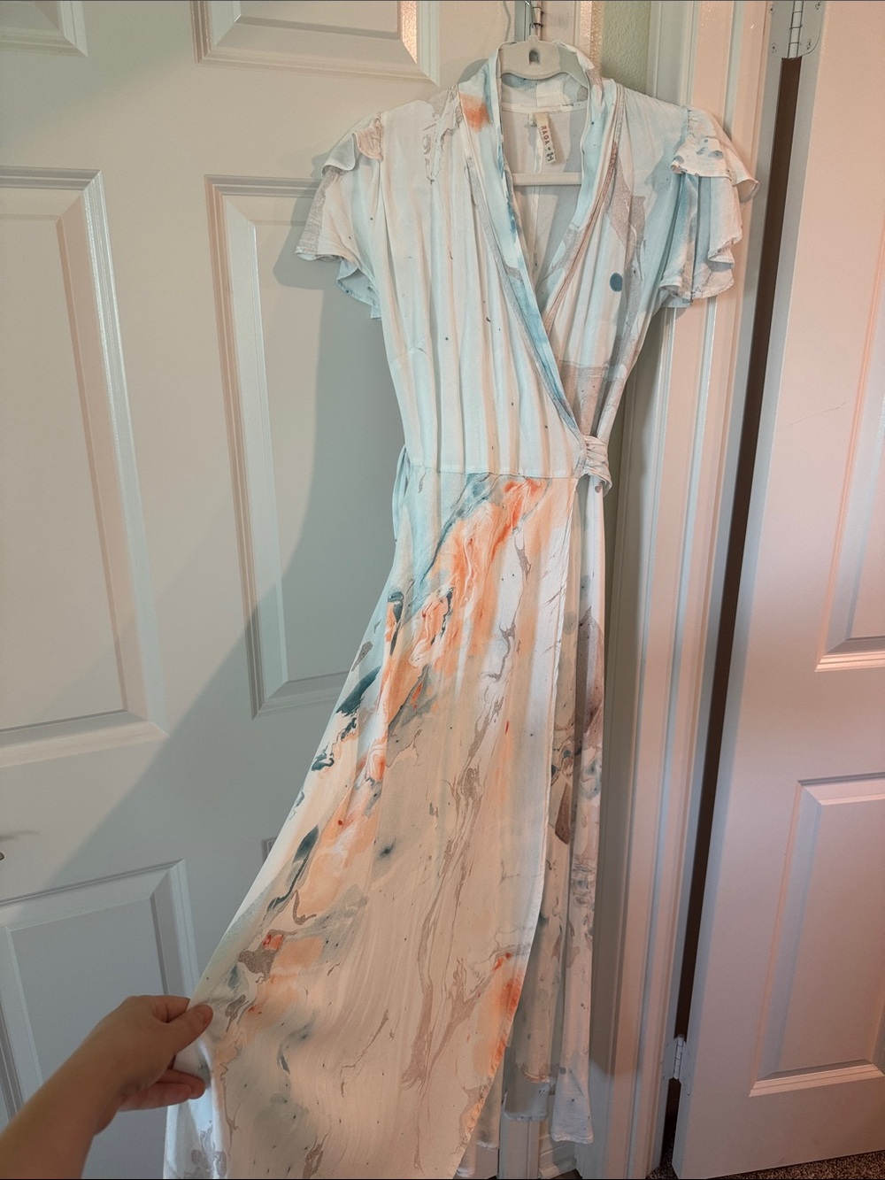 RAGA Marble-Print Wrap Maxi Dress in White, Coral, Teal Viscose
